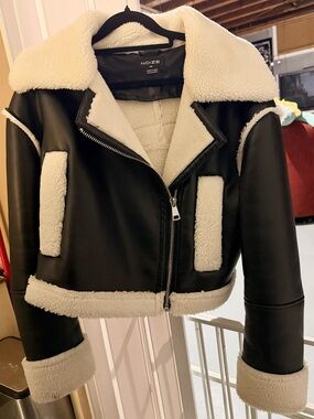 Noize Black Faux Leather Shearling Moto Jacket with Cream Trim